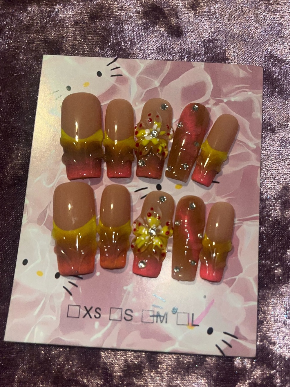Handmade Press-On Nails in Pink, Yellow & Brown with Floral Accent